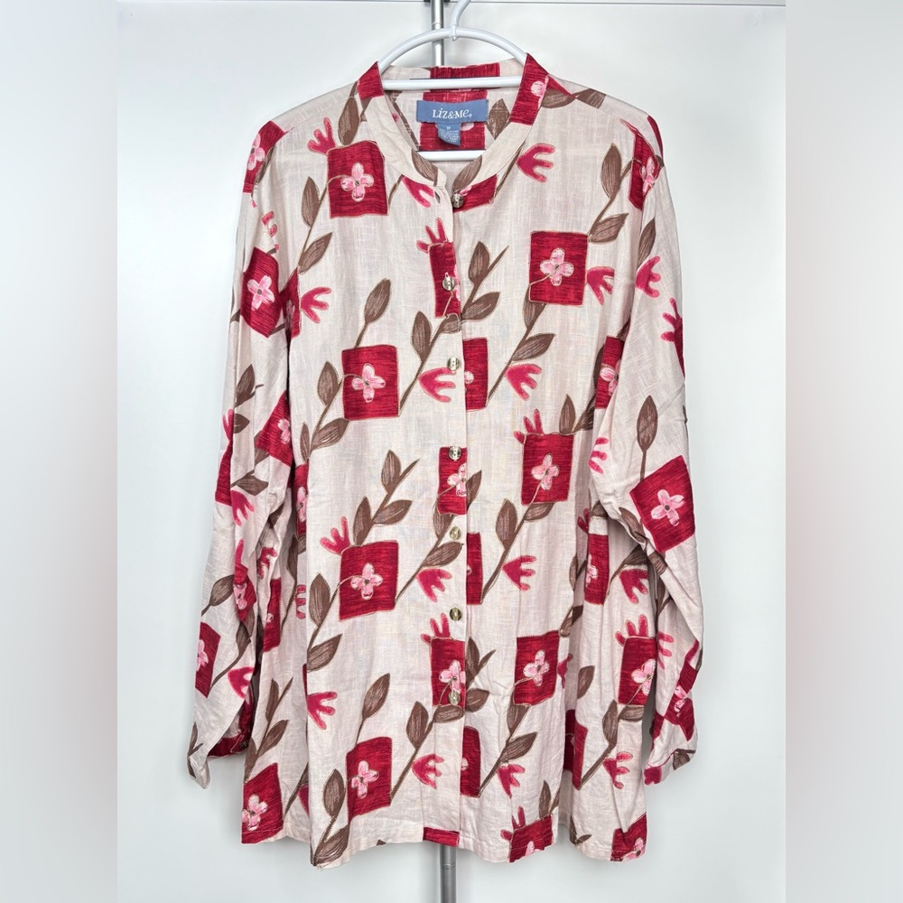 Liz‎ & Me Red Natural Floral Long Sleeve Cotton Button Down Tunic Top Size 3X